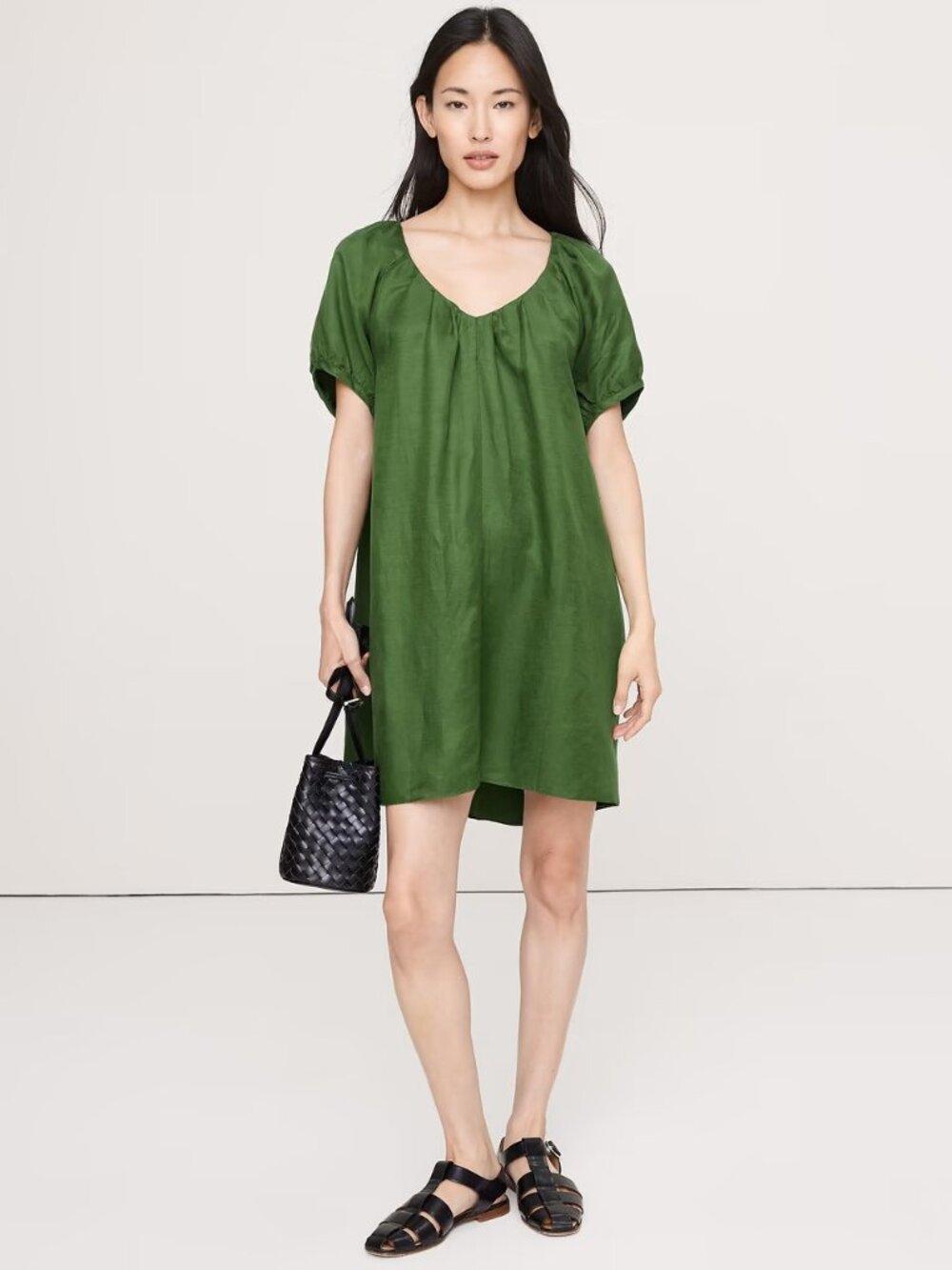 Green Viscose-Linen Puff-Sleeve Mini Dress - Banana Republic